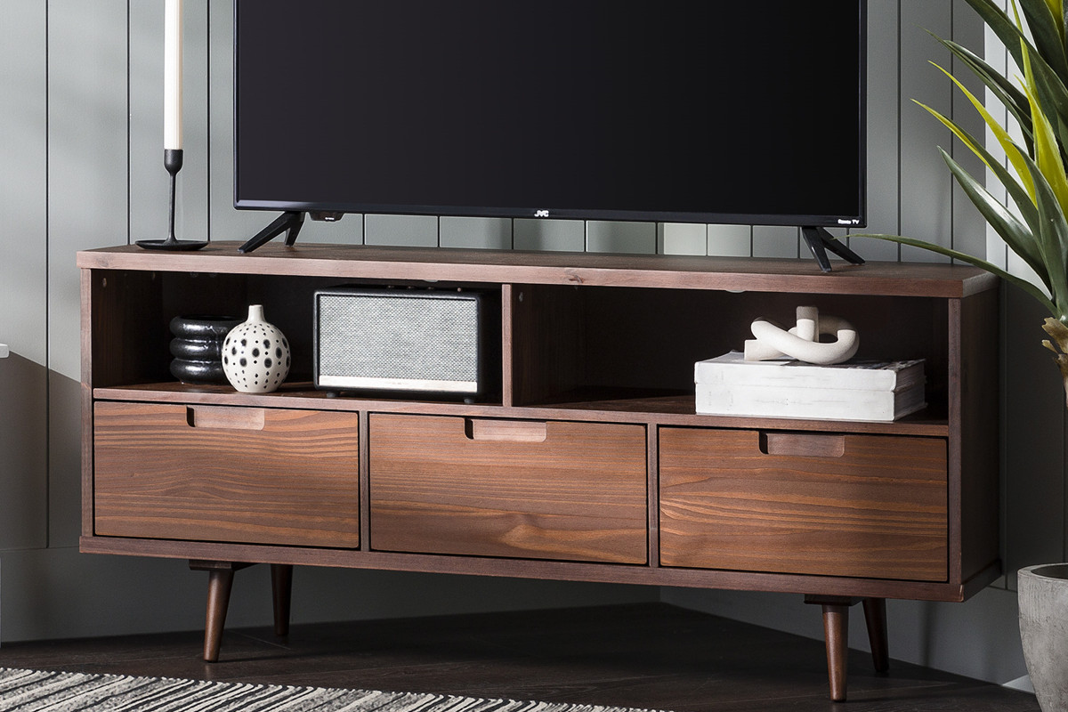 Features The Walnut Solid Wood Boho Modern 3-Drawer TV Stand Comes Wit